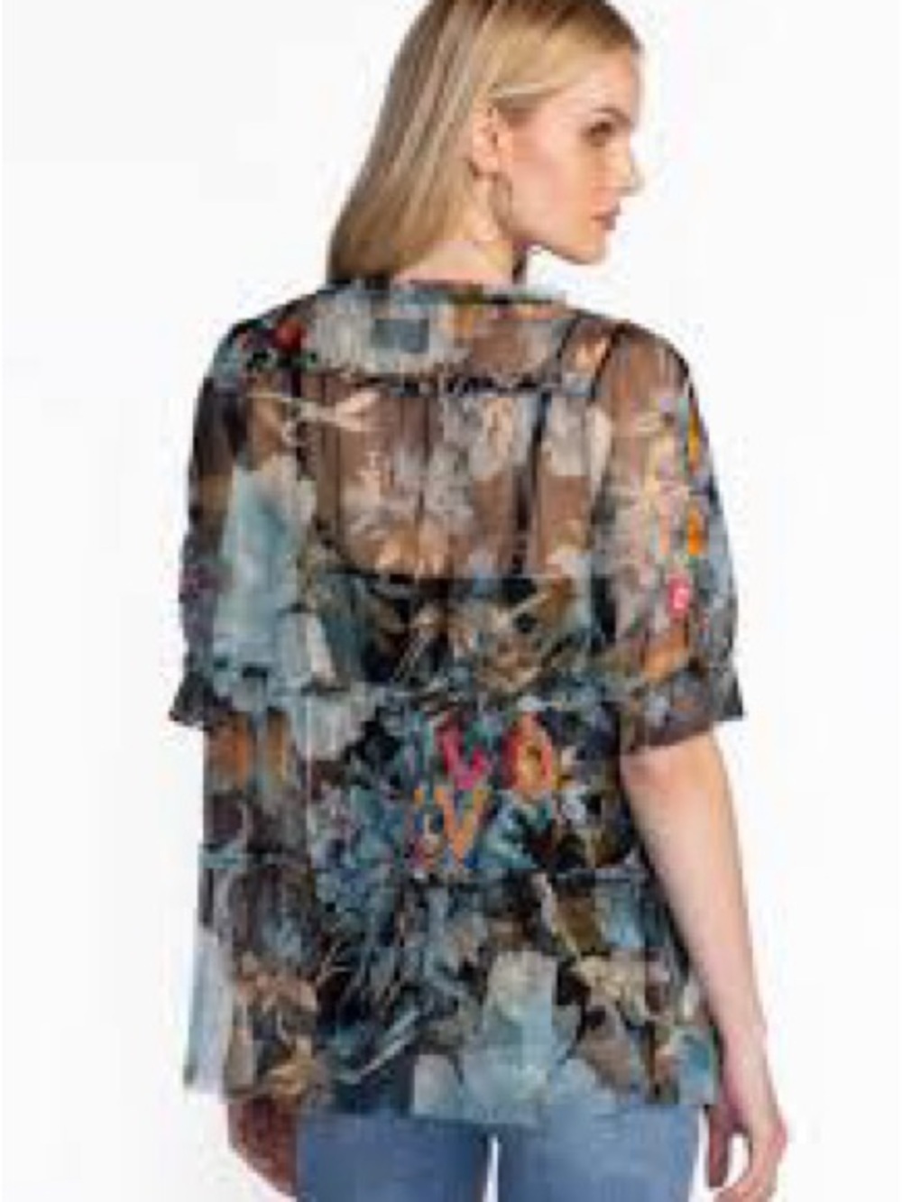 JOHNNY WAS MAZZY RUFFLE TIERED BLOUSE Silk Floral Sheer Ruffle-Sleeve (124)